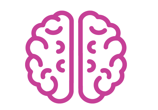 Pink line drawing in icon style of a brain from the top 